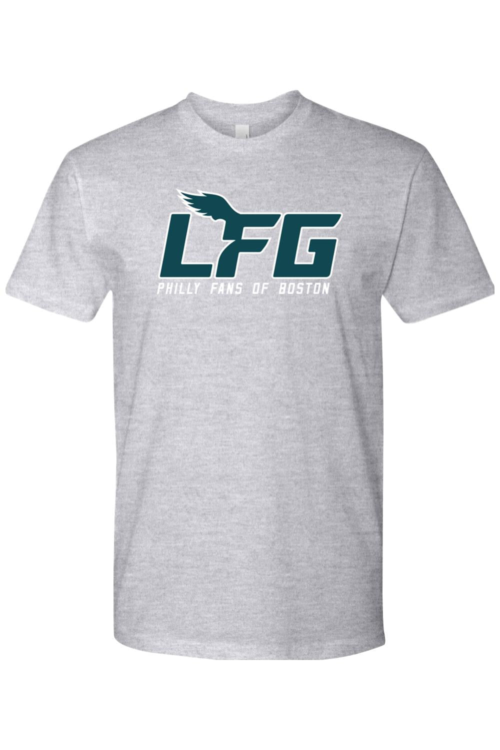 Grey cotton crewneck t-shirt featuring a dark green LFG graphic with a wing accent and Philly Fans of Boston text.