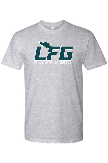Grey cotton crewneck t-shirt featuring a dark green LFG graphic with a wing accent and Philly Fans of Boston text.