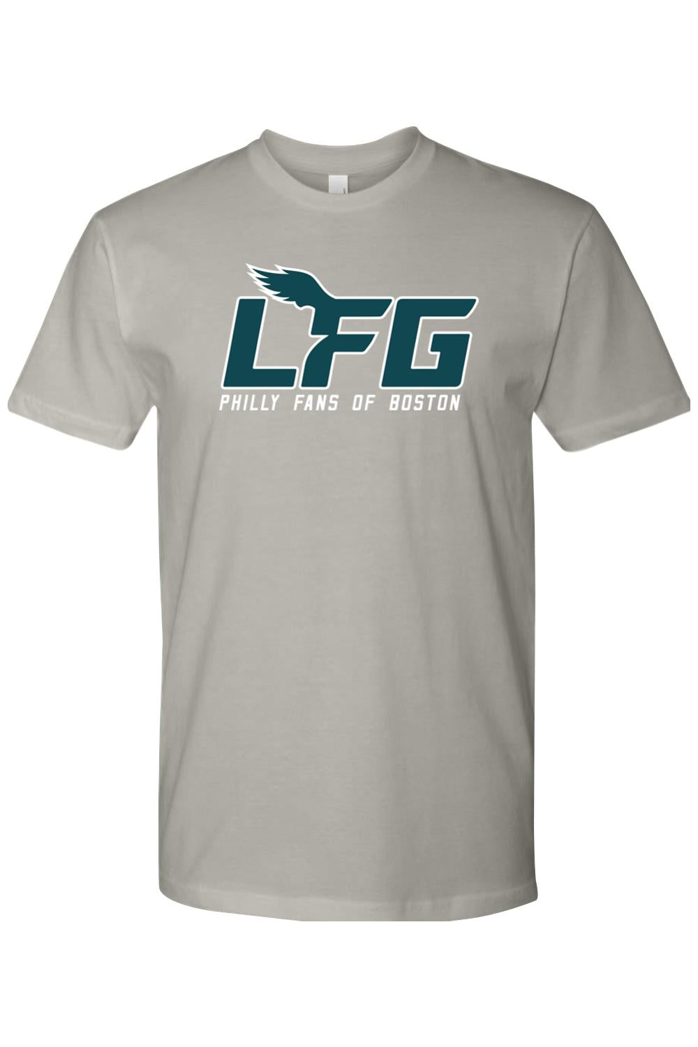 Grey cotton crewneck t-shirt featuring a teal and dark green LFG Philly Fans of Boston graphic print on the chest.