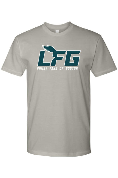 Grey cotton crewneck t-shirt featuring a teal and dark green LFG Philly Fans of Boston graphic print on the chest.
