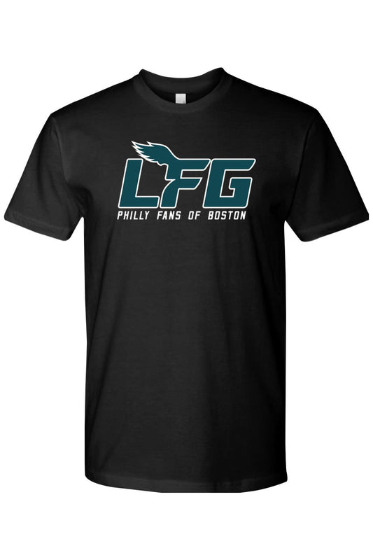 Black 100% cotton men's crew neck t-shirt featuring a teal and white LFG Philly Fans of Boston graphic print.