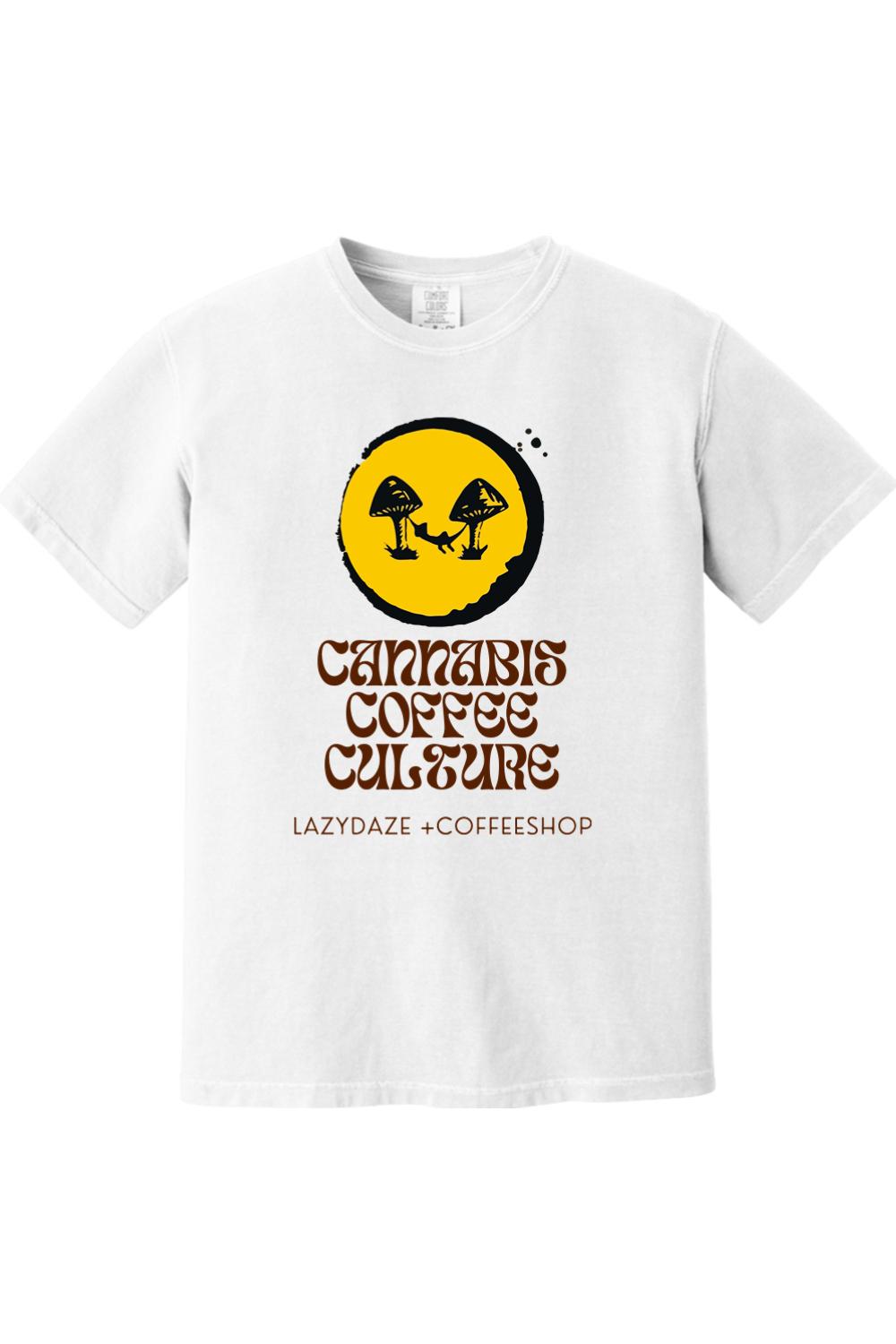 White garment-dyed cotton t-shirt featuring a yellow circle graphic with mushrooms and Cannabis Coffee Culture text.
