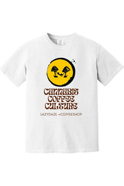 White garment-dyed cotton t-shirt featuring a yellow circle graphic with mushrooms and Cannabis Coffee Culture text.