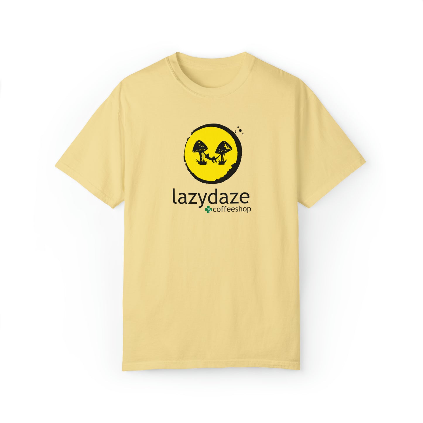 Light yellow relaxed-fit cotton t-shirt featuring a black and yellow Lazy Daze coffeeshop mushroom logo.