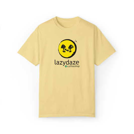 Light yellow relaxed-fit cotton t-shirt featuring a black and yellow Lazy Daze coffeeshop mushroom logo.