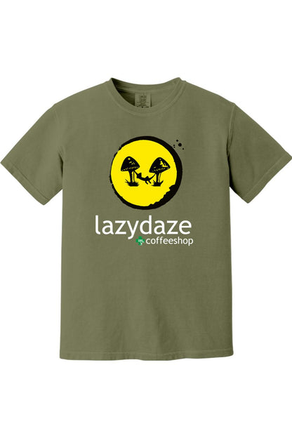 Olive green cotton t-shirt featuring a yellow circular graphic of mushrooms and a hammock with Lazy Daze Coffeeshop text.