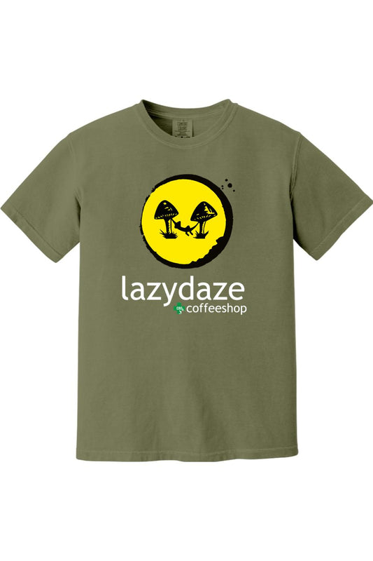 Olive green cotton t-shirt featuring a yellow circular graphic of mushrooms and a hammock with Lazy Daze Coffeeshop text.