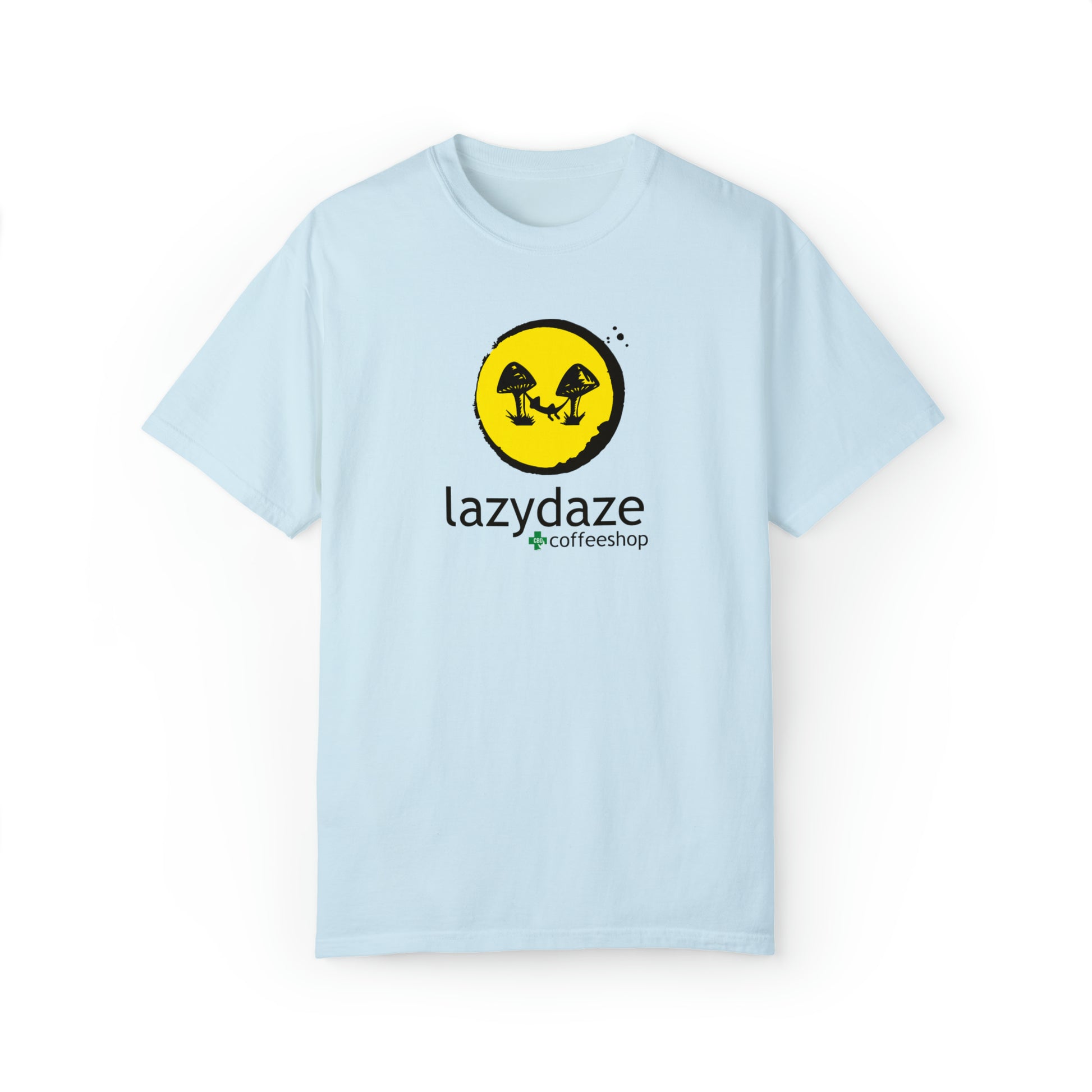 Light blue, relaxed-fit cotton t-shirt featuring a yellow circle graphic with mushrooms and Lazy Daze coffeeshop text.
