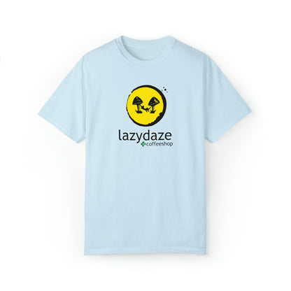 Light blue, relaxed-fit cotton t-shirt featuring a yellow circle graphic with mushrooms and Lazy Daze coffeeshop text.