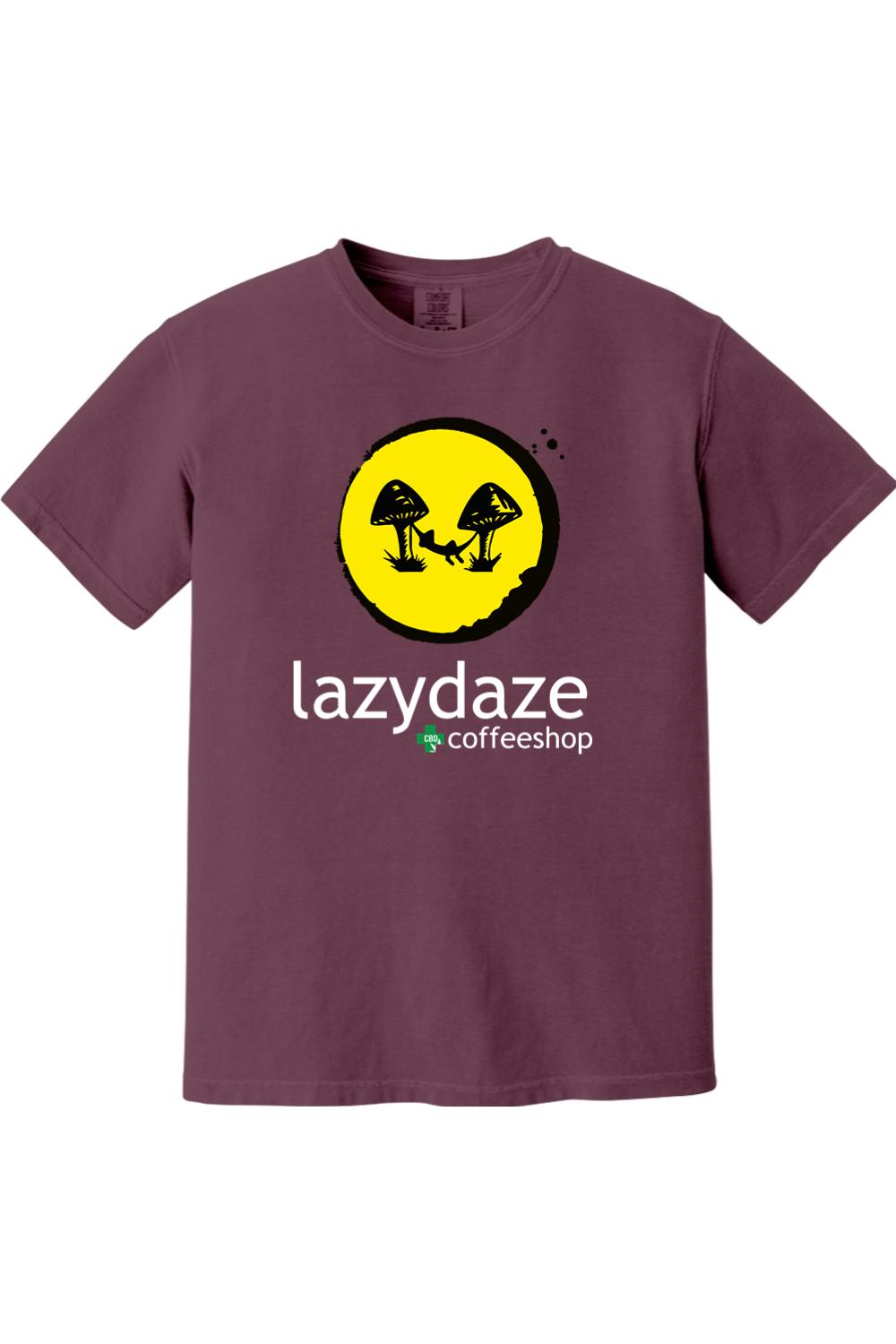 Maroon cotton t-shirt featuring a yellow circle graphic with mushrooms and the Lazy Daze Coffeeshop logo.