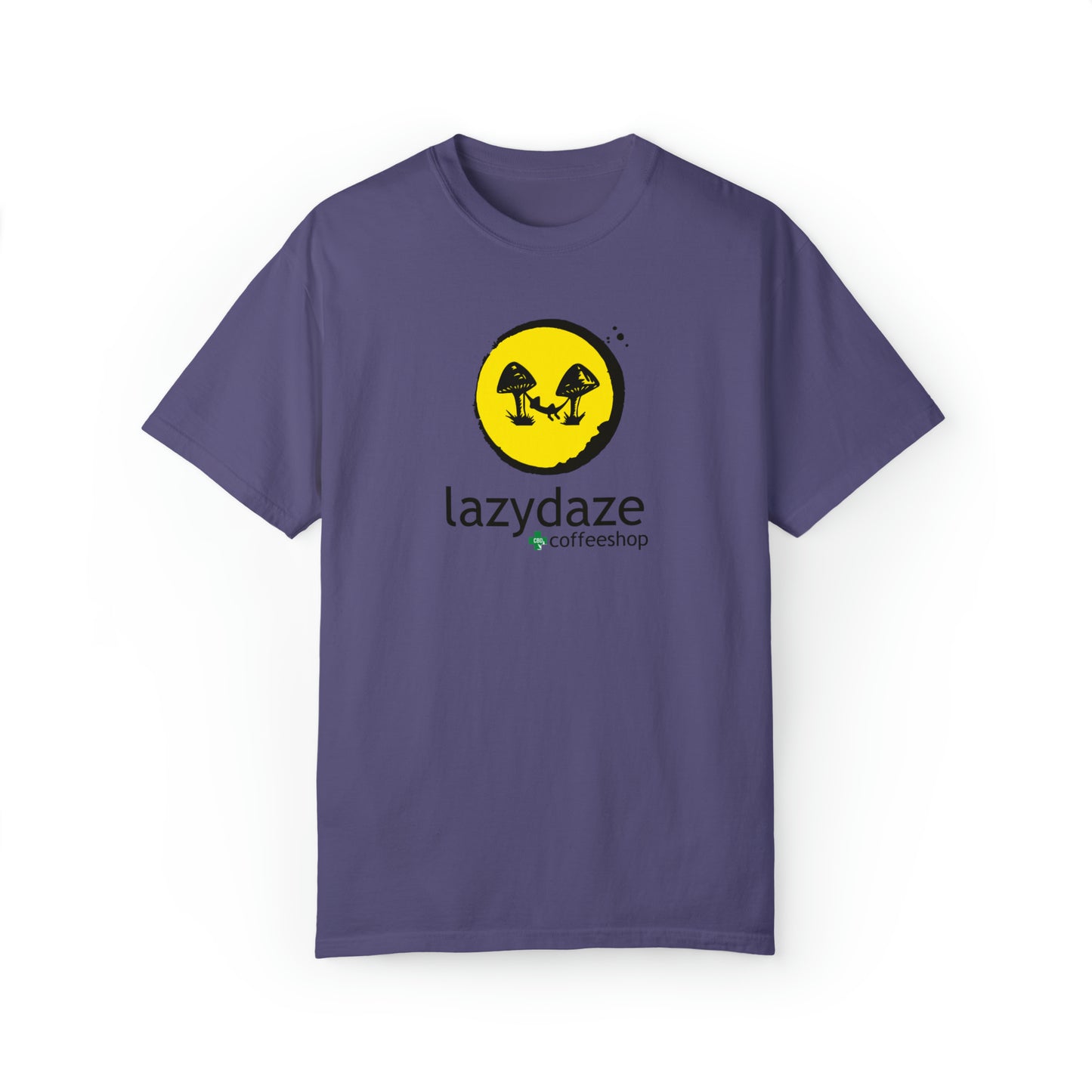 Relaxed fit purple cotton t-shirt featuring a yellow circle graphic with black mushroom illustrations and Lazy Daze text.