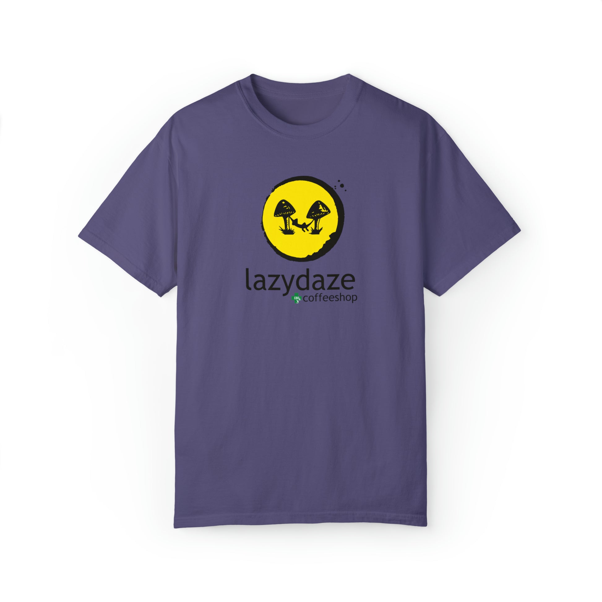 Relaxed fit purple cotton t-shirt featuring a yellow circle graphic with black mushroom illustrations and Lazy Daze text.