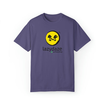Relaxed fit purple cotton t-shirt featuring a yellow circle graphic with black mushroom illustrations and Lazy Daze text.