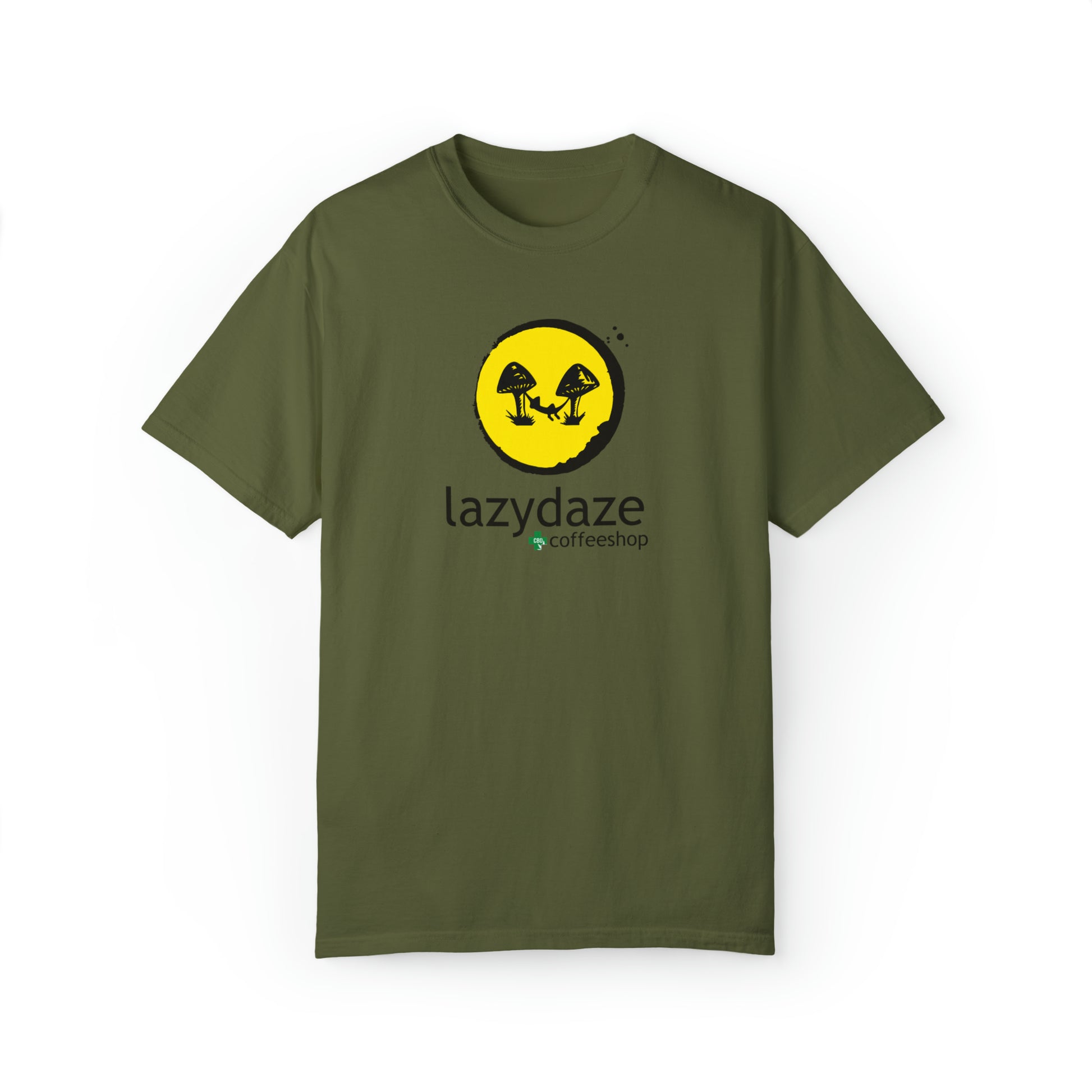 Olive green relaxed-fit cotton t-shirt featuring a yellow circle logo with black mushroom graphics and Lazy Daze text.