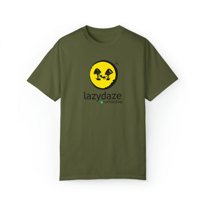 Olive green relaxed-fit cotton t-shirt featuring a yellow circle logo with black mushroom graphics and Lazy Daze text.