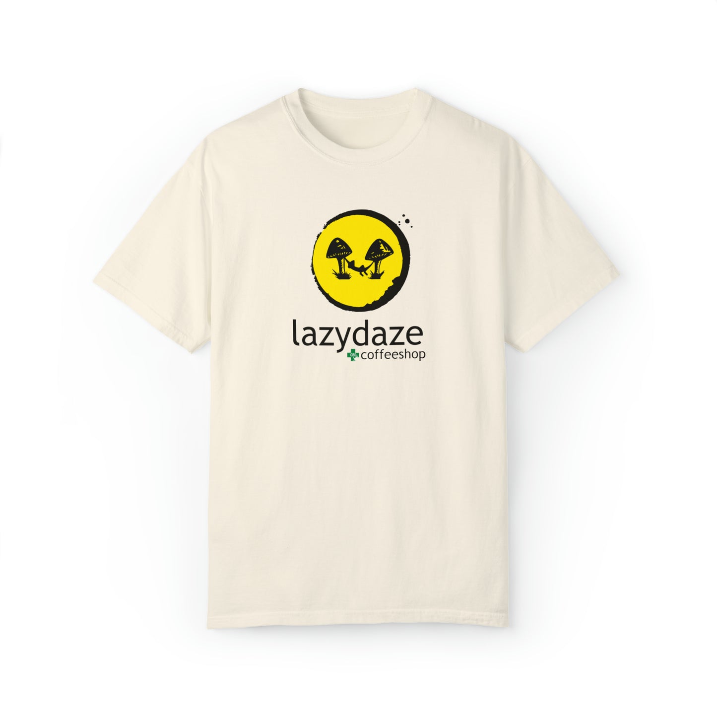 Relaxed fit, cream-colored cotton t-shirt featuring a yellow circle logo with black mushrooms and Lazy Daze text.