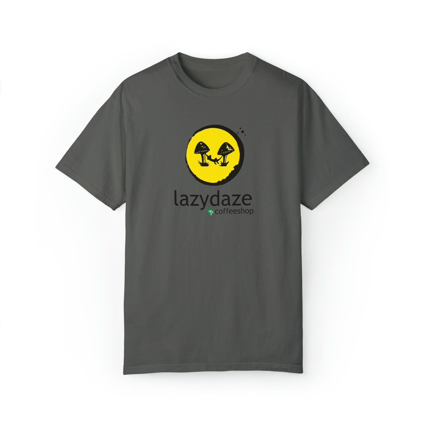 Relaxed fit charcoal grey cotton t-shirt featuring a yellow circle logo with black mushroom graphics and Lazy Daze text.