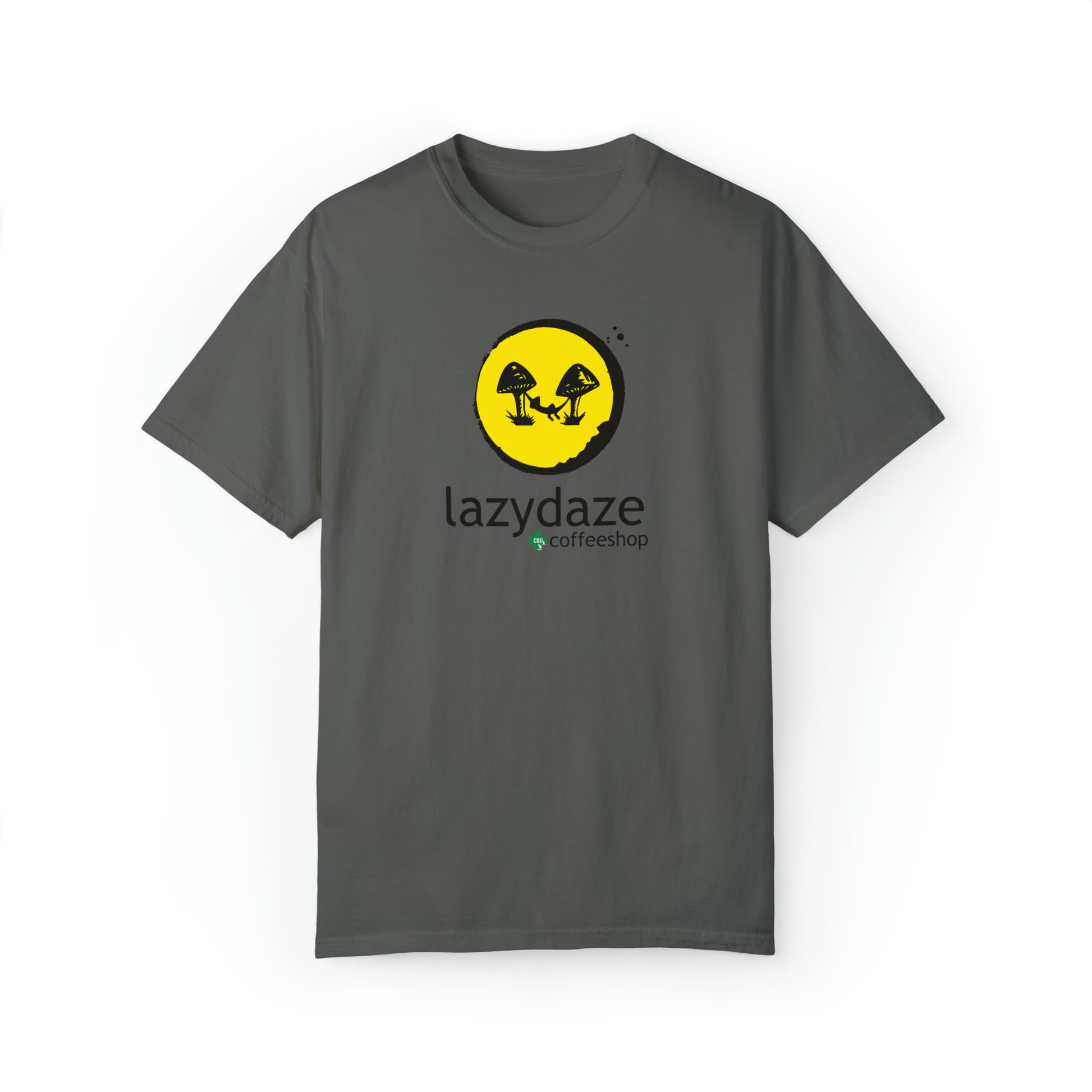 Relaxed fit charcoal grey cotton t-shirt featuring a yellow circle logo with black mushroom graphics and Lazy Daze text.