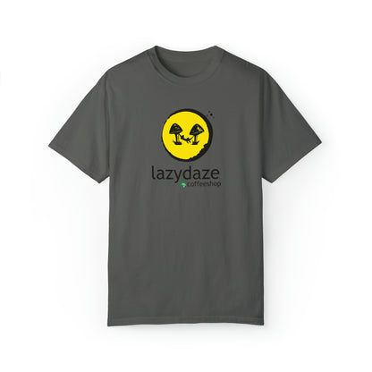 Relaxed fit charcoal grey cotton t-shirt featuring a yellow circle logo with black mushroom graphics and Lazy Daze text.