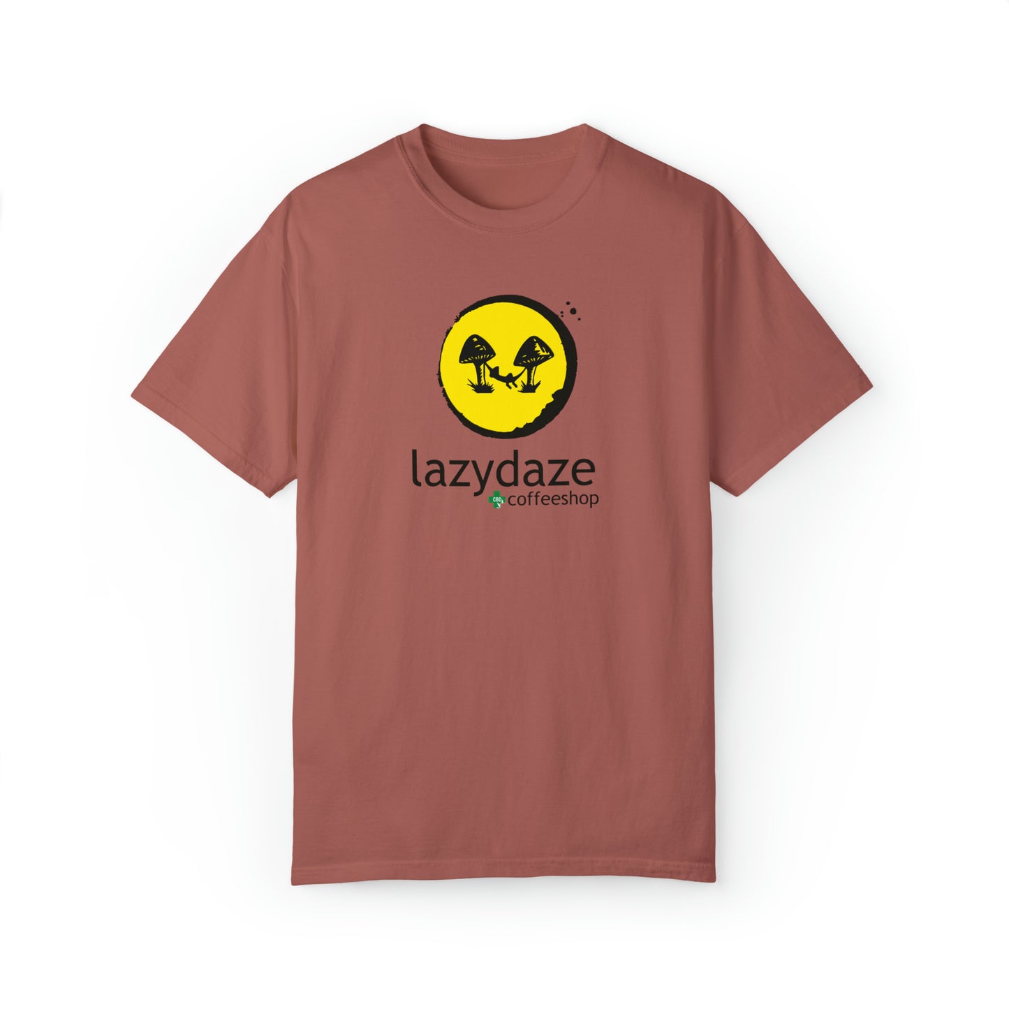 Relaxed fit, terracotta-colored 100% cotton men's t-shirt featuring a yellow circle graphic with mushrooms and Lazy Daze text.