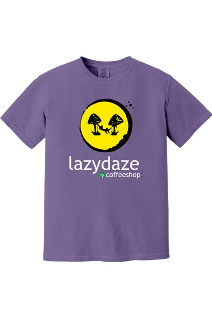 Purple cotton crewneck t-shirt featuring a yellow circle graphic with a person in a hammock between two mushrooms.