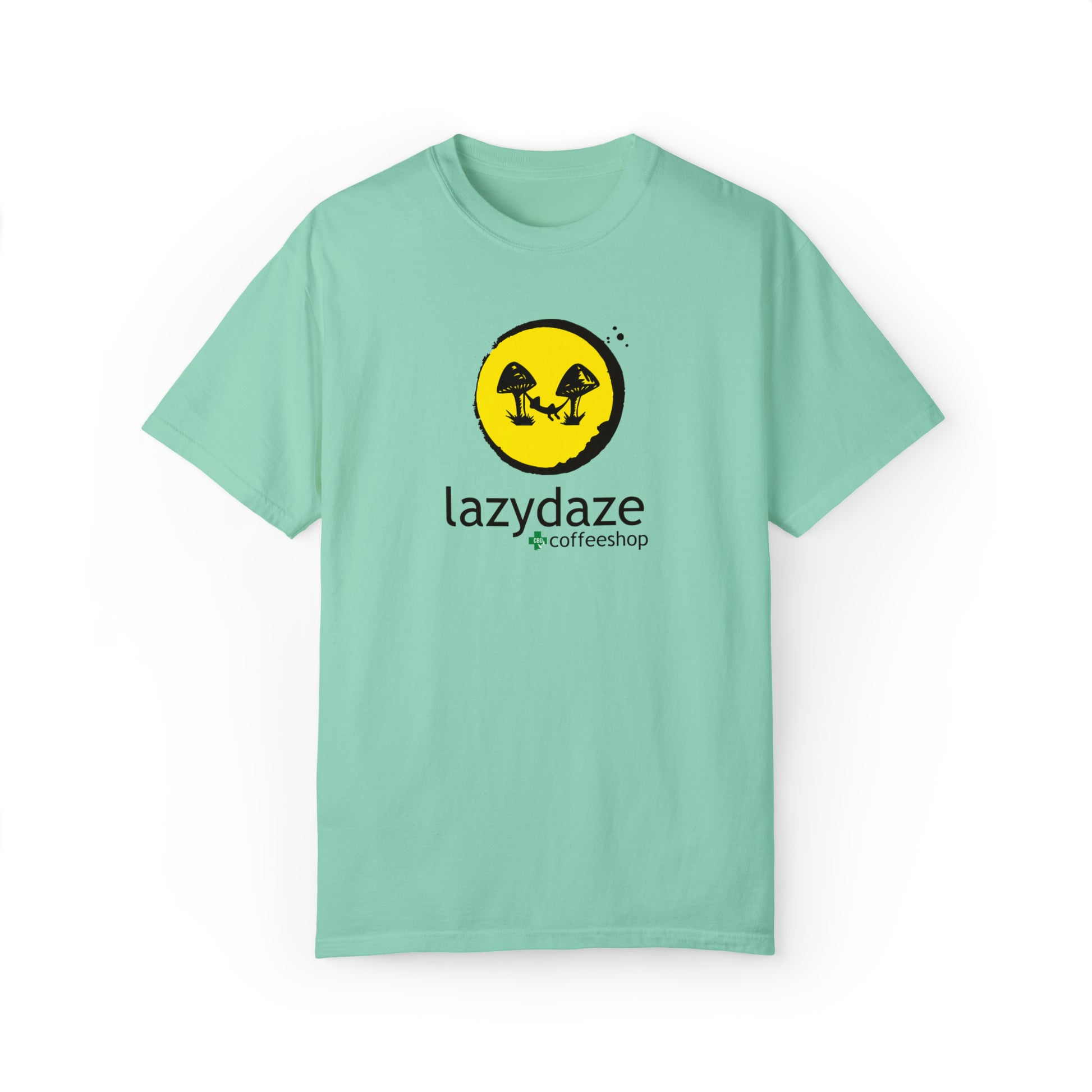 Mint green relaxed-fit cotton t-shirt featuring a yellow circle logo with black mushrooms and Lazy Daze text.