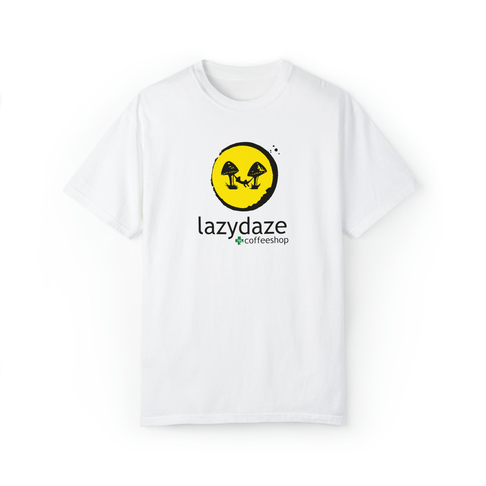 White relaxed-fit cotton t-shirt featuring a yellow circle graphic with black mushrooms and Lazy Daze Coffeeshop branding.