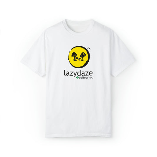 White relaxed-fit cotton t-shirt featuring a yellow circle graphic with black mushrooms and Lazy Daze Coffeeshop branding.