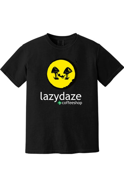 Black cotton crewneck t-shirt featuring a yellow circular graphic of mushrooms and a hammock with Lazy Daze text.