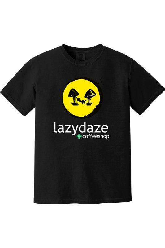 Black cotton crewneck t-shirt featuring a yellow circular graphic of mushrooms and a hammock with Lazy Daze text.