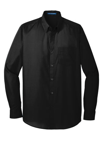 Black long sleeve poplin button-down shirt with a chest pocket and matching buttons.