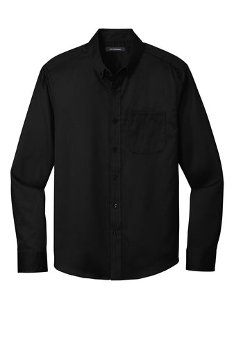 Black long-sleeve SuperPro React twill button-down shirt with a chest pocket and adjustable cuffs.