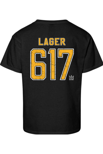 Black youth cotton t-shirt featuring a yellow and white Boston hockey-inspired 617 Lager graphic on the back.