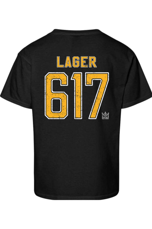 Black youth cotton t-shirt featuring a yellow and white Boston hockey-inspired 617 Lager graphic on the back.