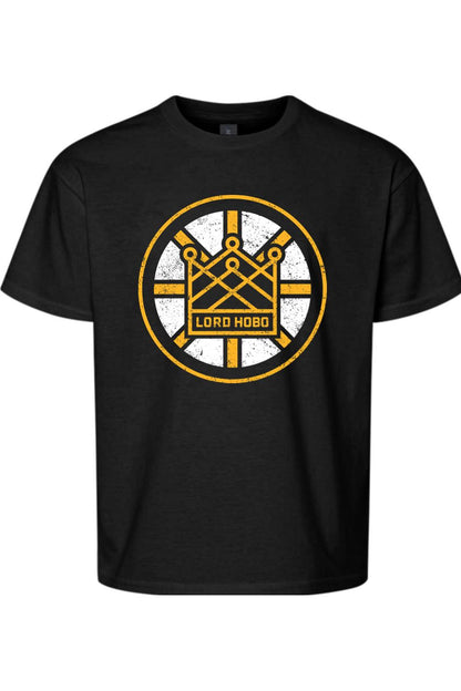 Black youth cotton t-shirt featuring a distressed yellow and white Boston hockey-inspired Lord Hobo crown logo.