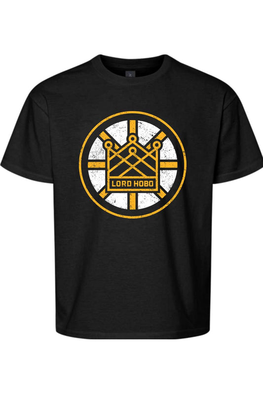 Black youth cotton t-shirt featuring a distressed yellow and white Boston hockey-inspired Lord Hobo crown logo.