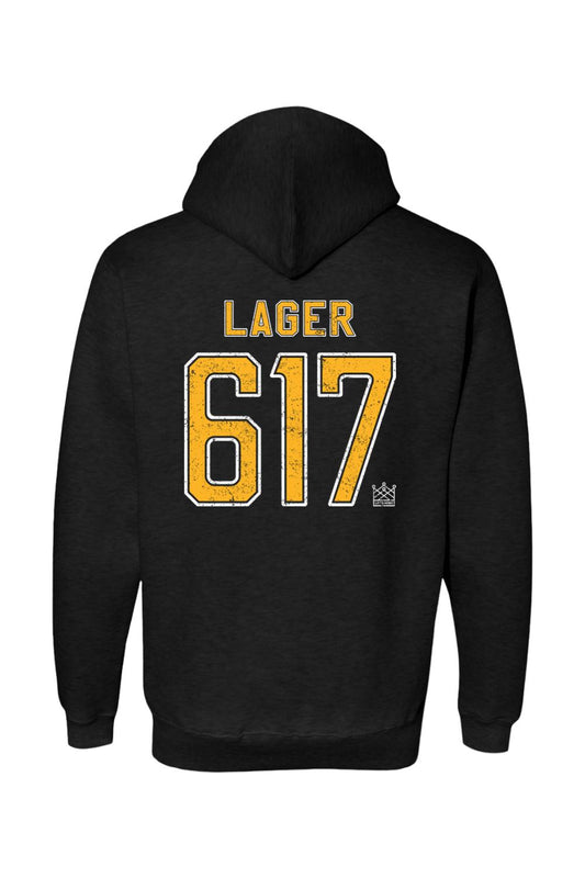 Black Lord Hobo 617 Lager hoodie featuring yellow distressed text and a small crown logo on the back.