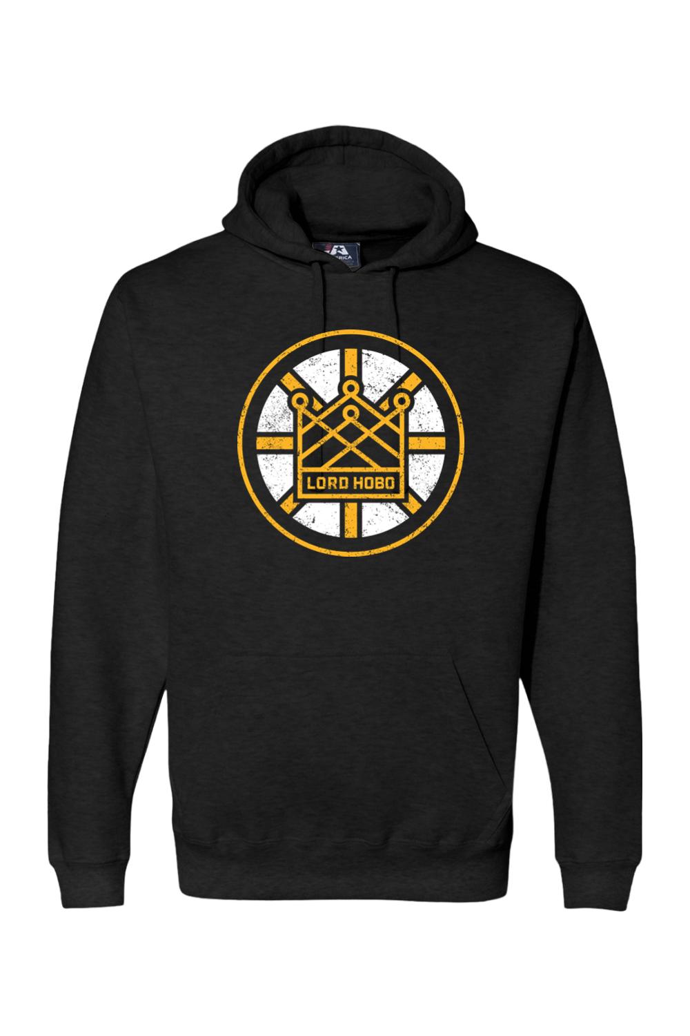 Black pullover hoodie featuring a distressed yellow and white Lord Hobo 617 Lager logo graphic on the chest.