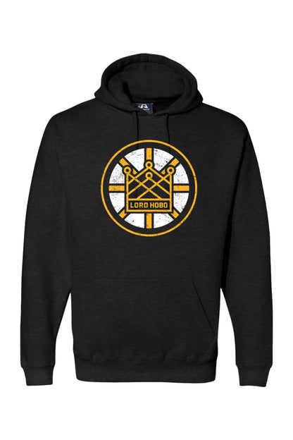 Black pullover hoodie featuring a distressed yellow and white Lord Hobo 617 Lager logo graphic on the chest.