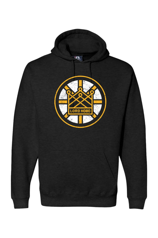 Black pullover hoodie featuring a distressed yellow and white Lord Hobo 617 Lager logo graphic on the chest.