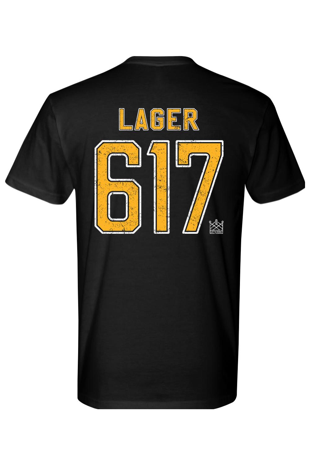 Black short-sleeve crew neck t-shirt featuring yellow distressed 617 LAGER text on the back.