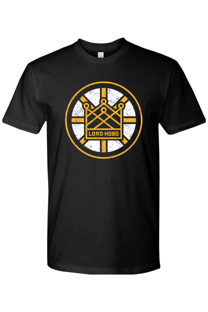 Black short-sleeve crew neck t-shirt featuring a distressed yellow and white Lord Hobo crown logo graphic.