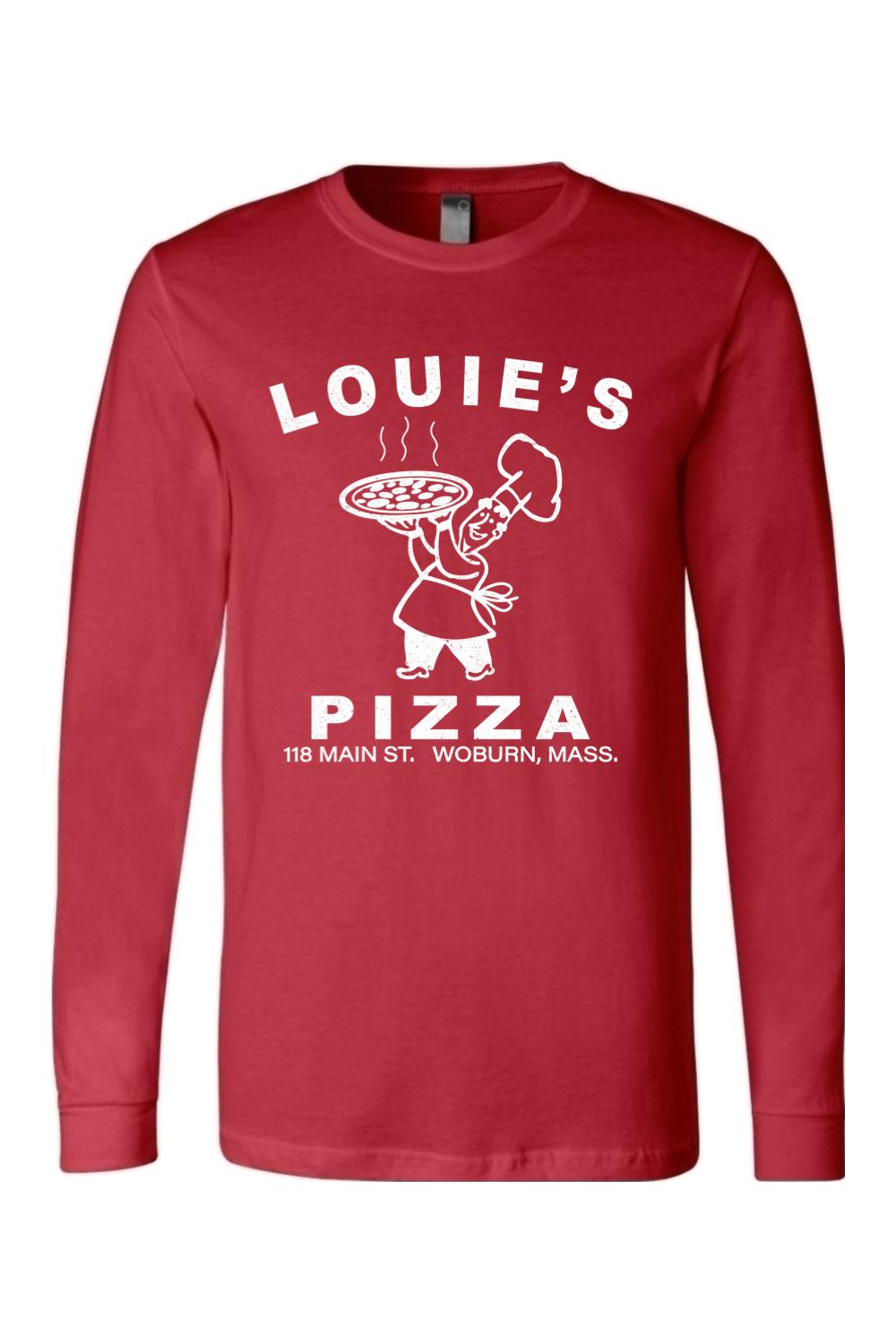 Red long-sleeve cotton t-shirt featuring a white Louie's Pizza chef graphic on the front.