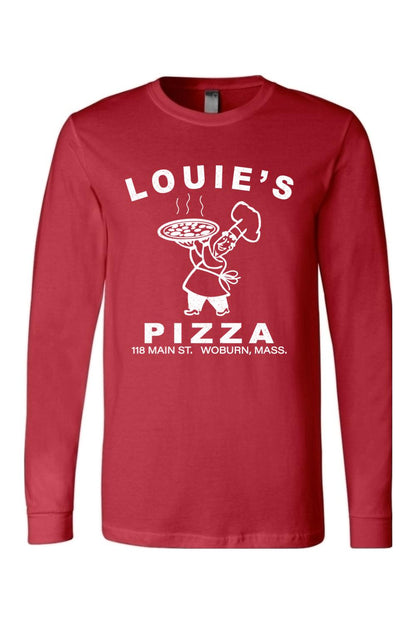 Red long-sleeve cotton t-shirt featuring a white Louie's Pizza chef graphic on the front.