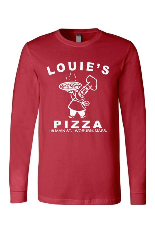 Red long-sleeve cotton t-shirt featuring a white Louie's Pizza chef graphic on the front.