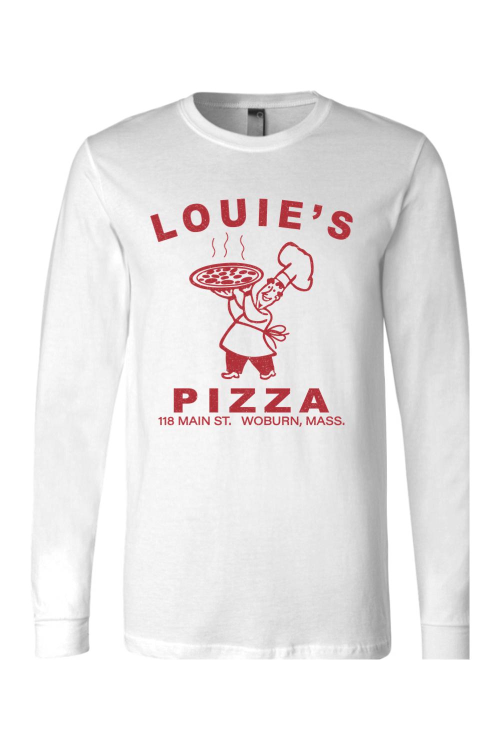 White long-sleeve cotton t-shirt featuring a red Louie's Pizza chef graphic and text on the chest.