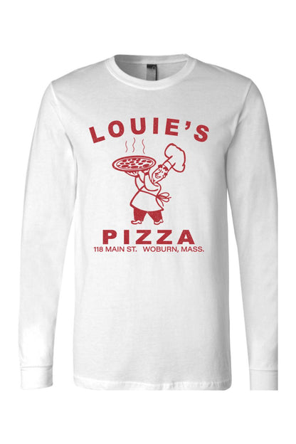 White long-sleeve cotton t-shirt featuring a red Louie's Pizza chef graphic and text on the chest.