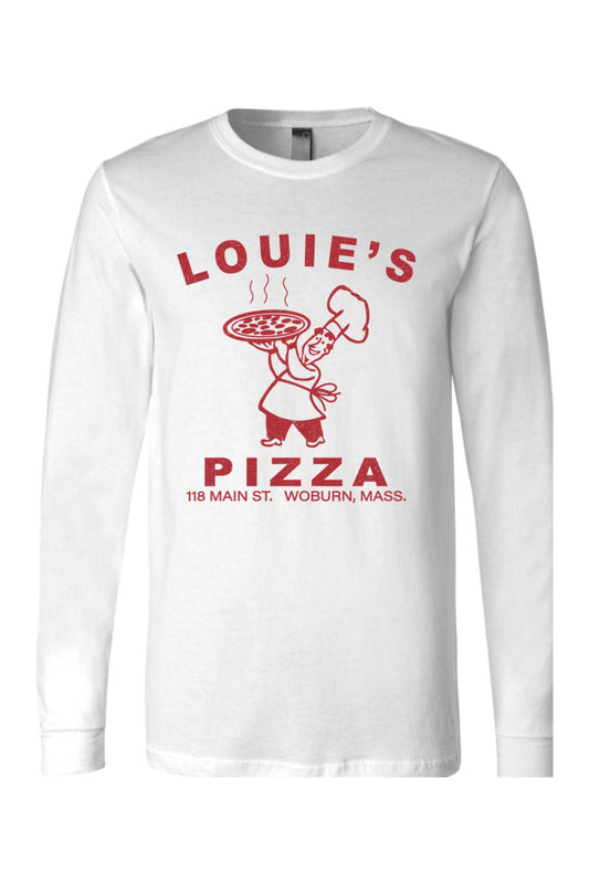 White long-sleeve cotton t-shirt featuring a red Louie's Pizza chef graphic and text on the chest.