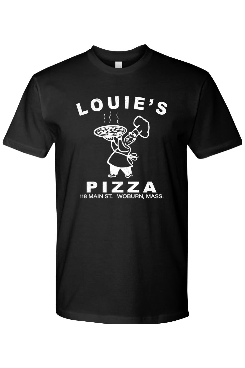 Black 100% cotton unisex t-shirt featuring a white Louie's Pizza chef graphic and text on the front.