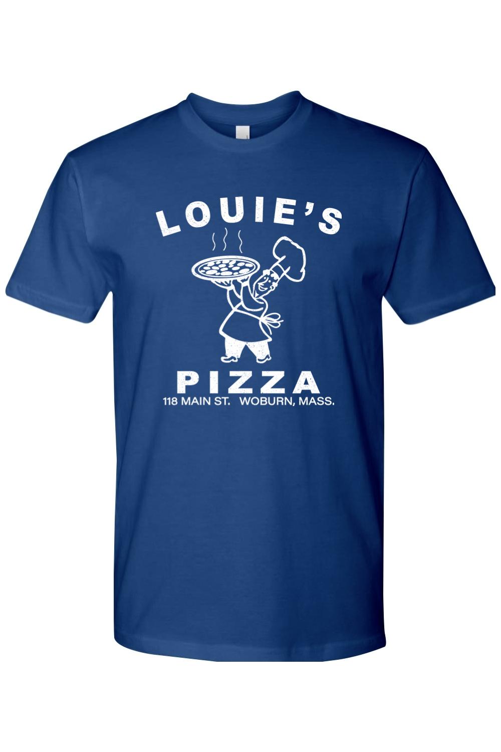 Royal blue 100% cotton unisex t-shirt featuring a white Louie's Pizza chef graphic and logo on the front.